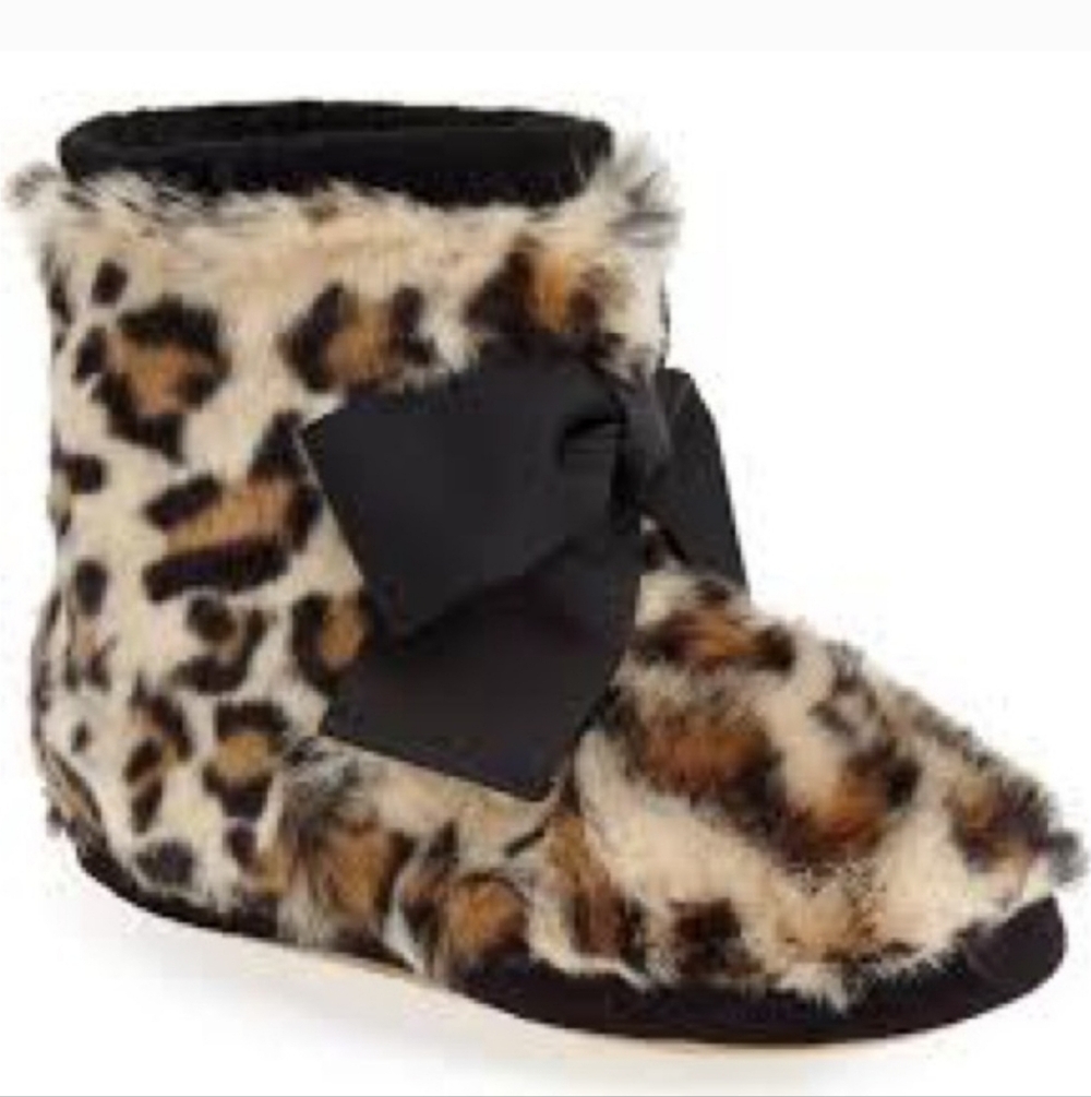 NWOT Kate Spade Fabian Sand Leopard Print Faux Fur Black Bow Booties Size 5